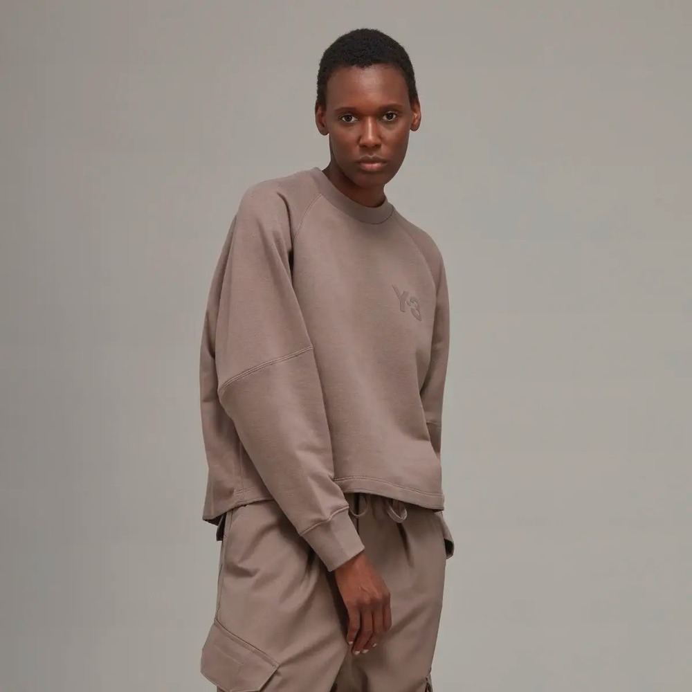 Y3 Yohji Yamamoto Womens Taupe Cropped Crewneck‎ Sweatshirt